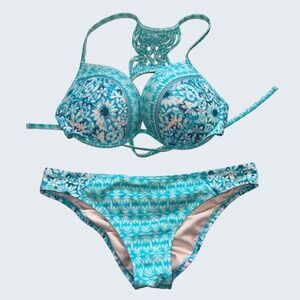 Shade & Shore Blue Tie Dye Macrame Racerback Push Up Bikini Set 38C L